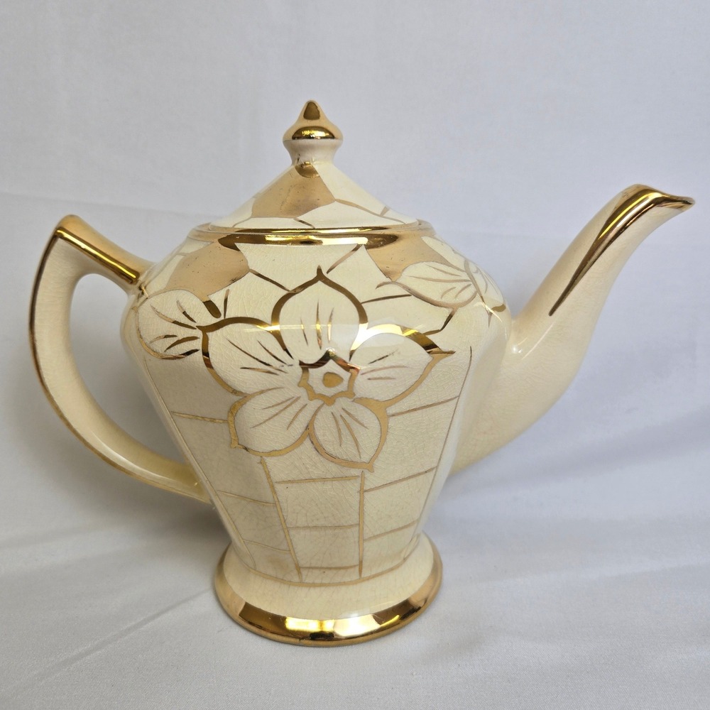 Price Bros Teapot‎ Cream Gold Floral Design England 676 Vintage READ
